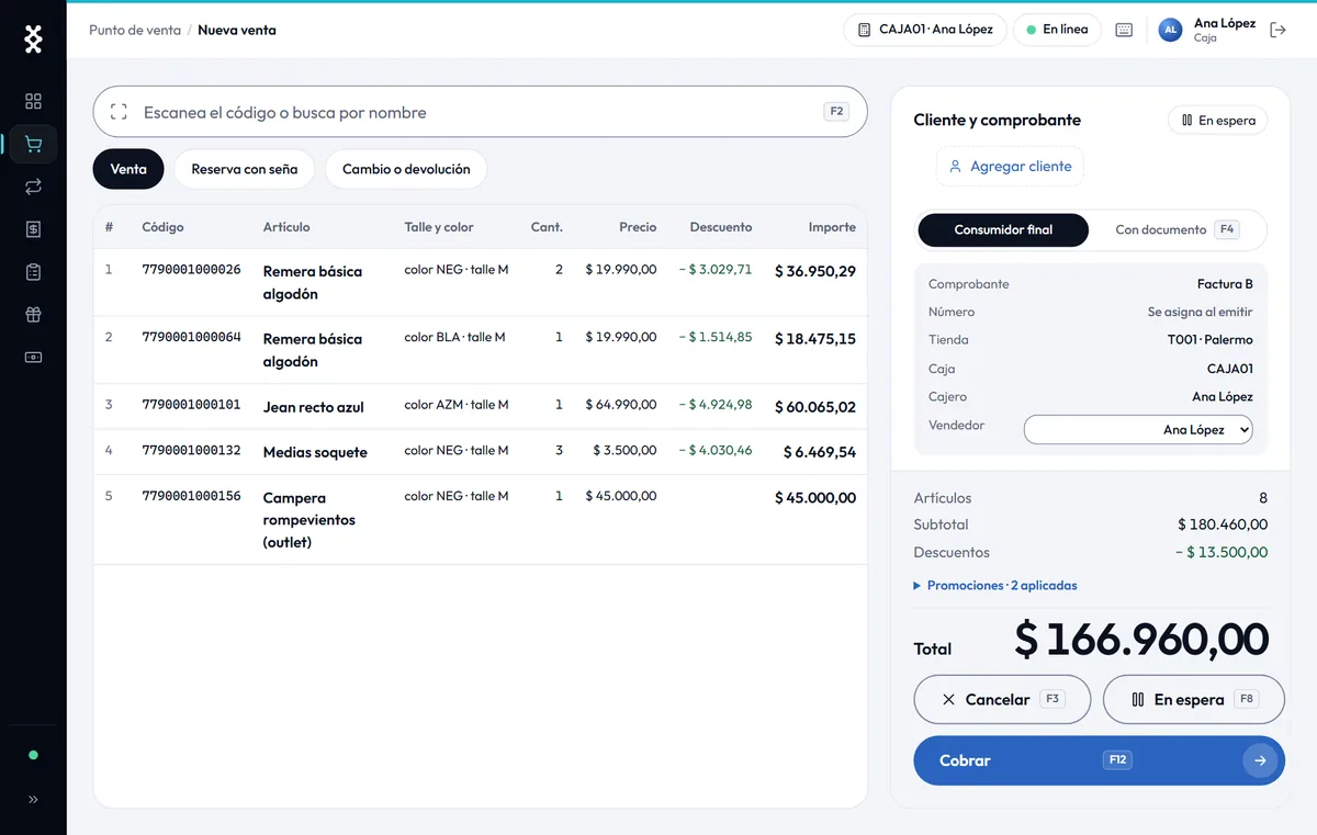 Pantalla de venta de Sindri: la lista de artículos escaneados con el código, el talle y el color, la cantidad, el precio y el descuento de cada uno, y al costado el cliente, el comprobante (tipo, tienda, caja, cajero y vendedor) y el total